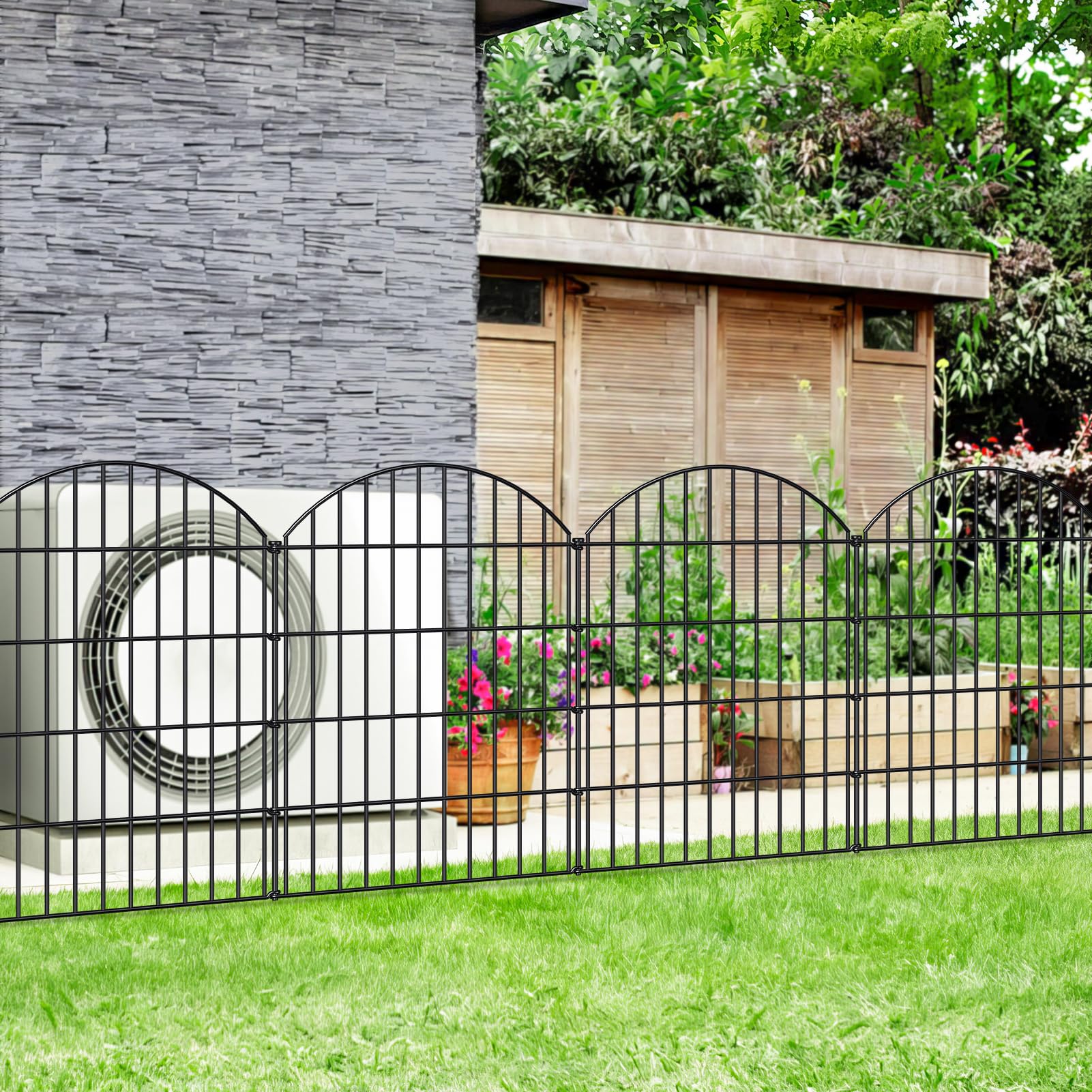 FOREHOGAR fence beside yard tools showing 36-inch height for small to medium dog containment