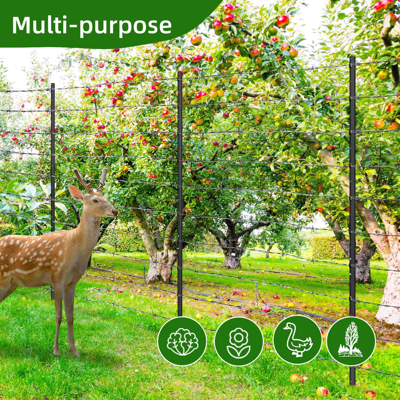 FOREHOGAR post supporting wire fence in garden, showing durable plant and animal protection benefit