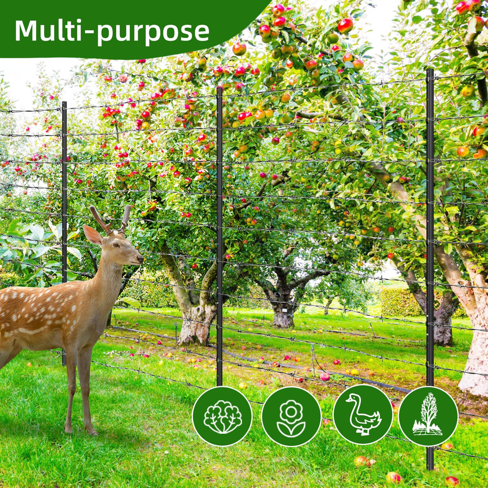 FOREHOGAR post supporting wire fence in garden, showing durable plant and animal protection benefit