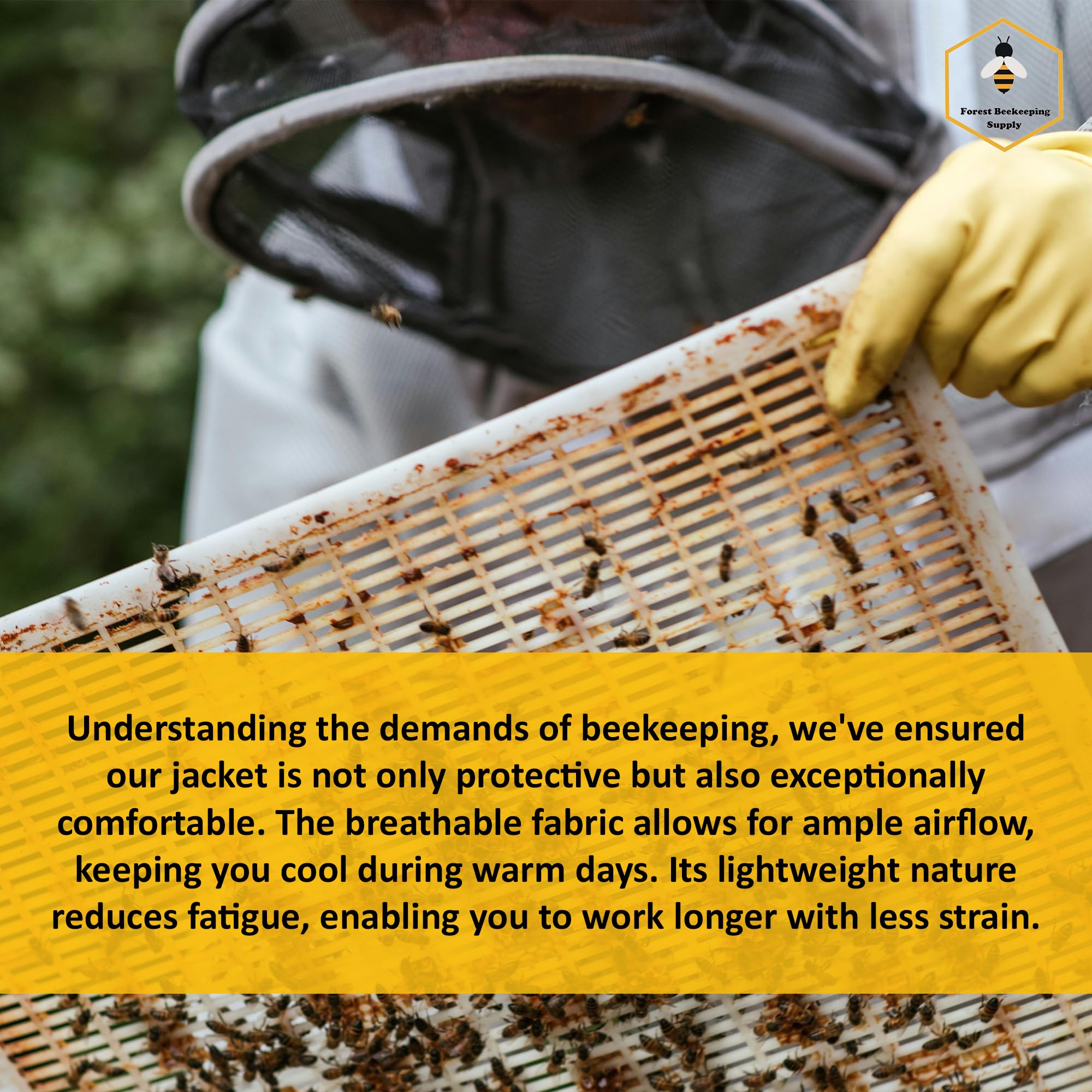 FOREST BEEKEEPING SUPPLY jacket worn at apiary showing practical use