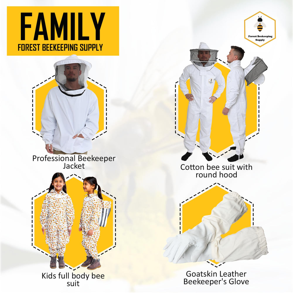 FOREST BEEKEEPING SUPPLY jacket displayed next to gloves showing scale