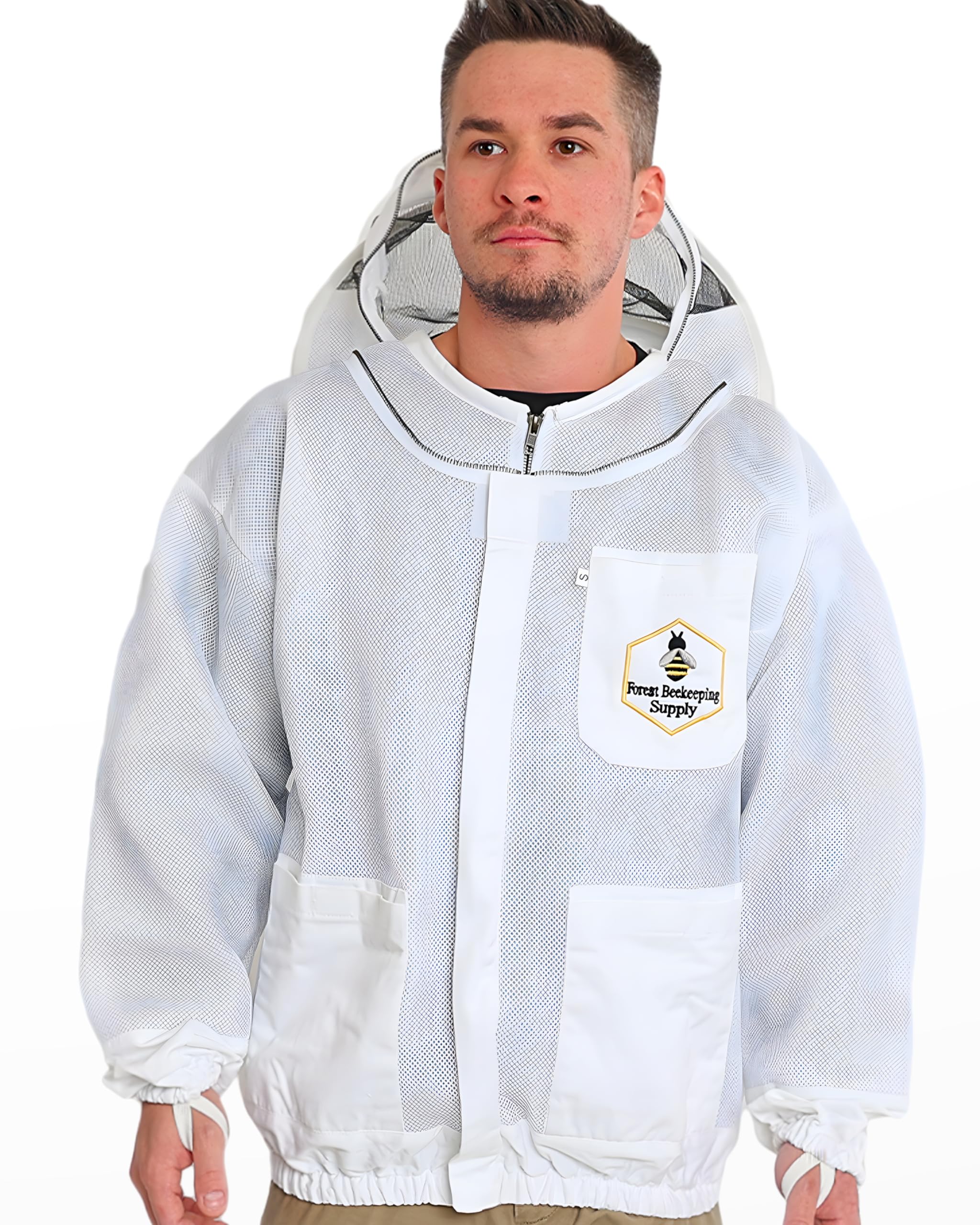 FOREST BEEKEEPING SUPPLY jacket beside measuring tape showing size L scale