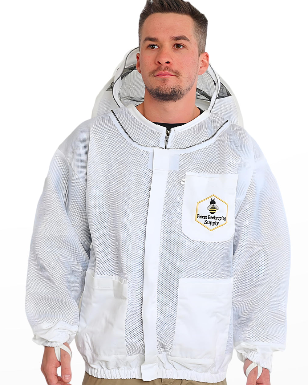 FOREST BEEKEEPING SUPPLY jacket beside measuring tape showing size L scale