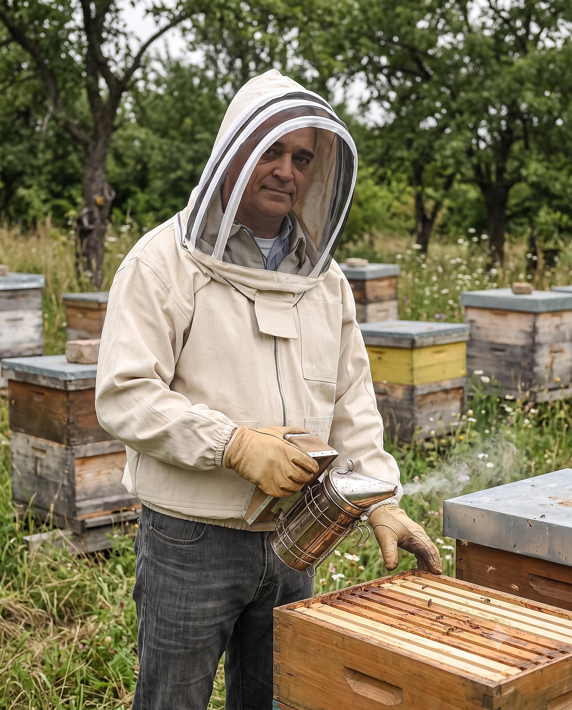FOREST BEEKEEPING SUPPLY back view showing roomy fit for layering and movement