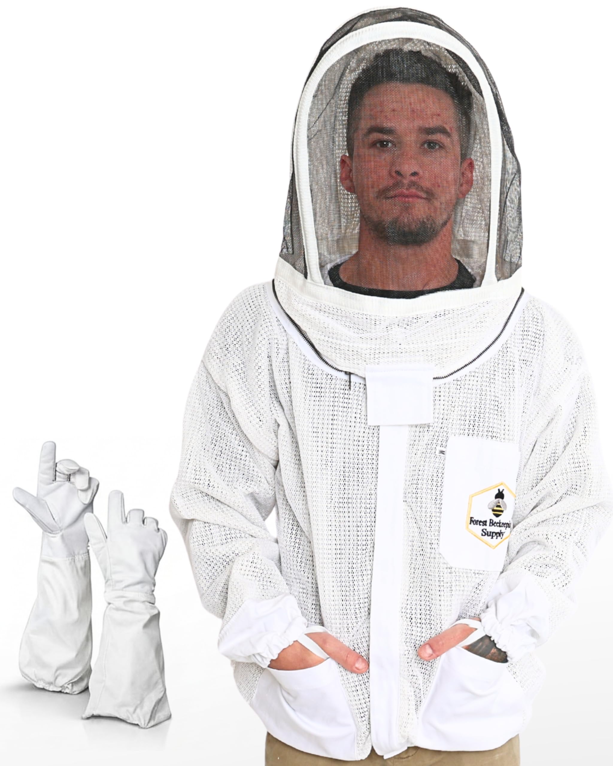 FOREST BEEKEEPING SUPPLY front view of jacket showing full coverage protection and fit