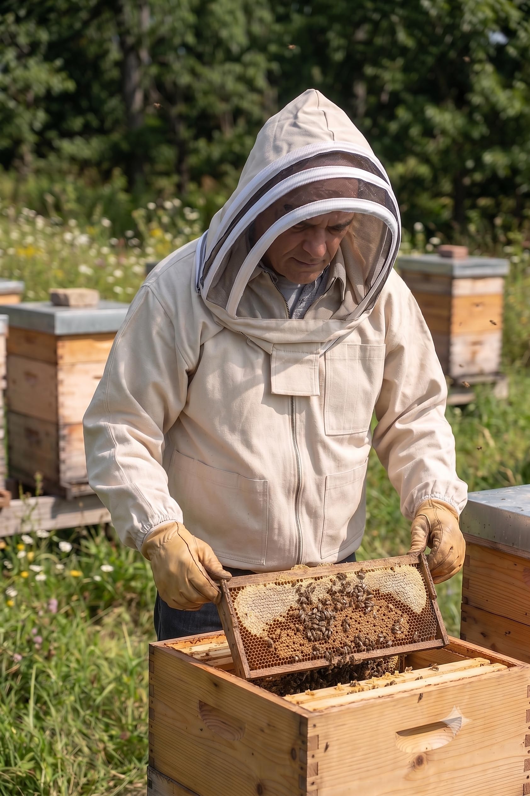 FOREST BEEKEEPING SUPPLY beekeeper wearing jacket inspecting hive for confident work