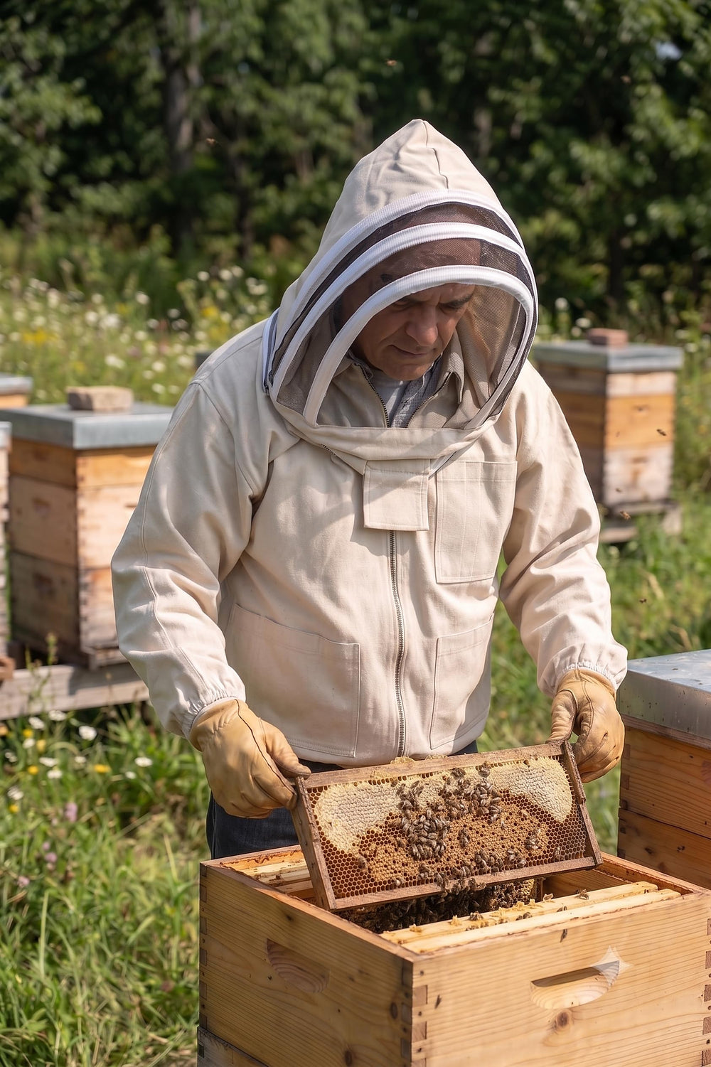 FOREST BEEKEEPING SUPPLY beekeeper wearing jacket inspecting hive for confident work
