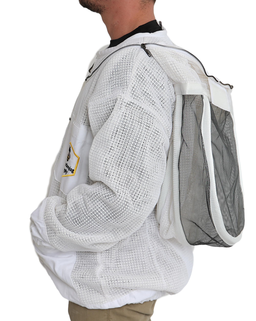 FOREST BEEKEEPING SUPPLY jacket next to hands showing size scale and coverage