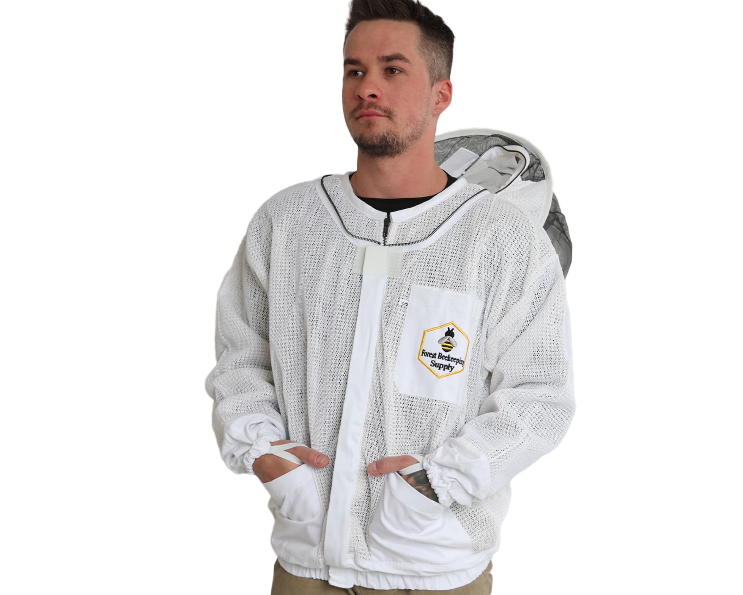 FOREST BEEKEEPING SUPPLY jacket worn in apiary demonstrates all-day comfort benefit