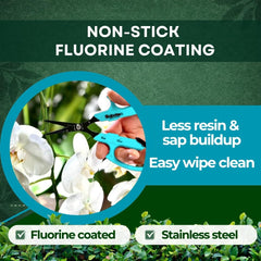 forest Originals fluorine-coated blade resisting sap for easier cleaning