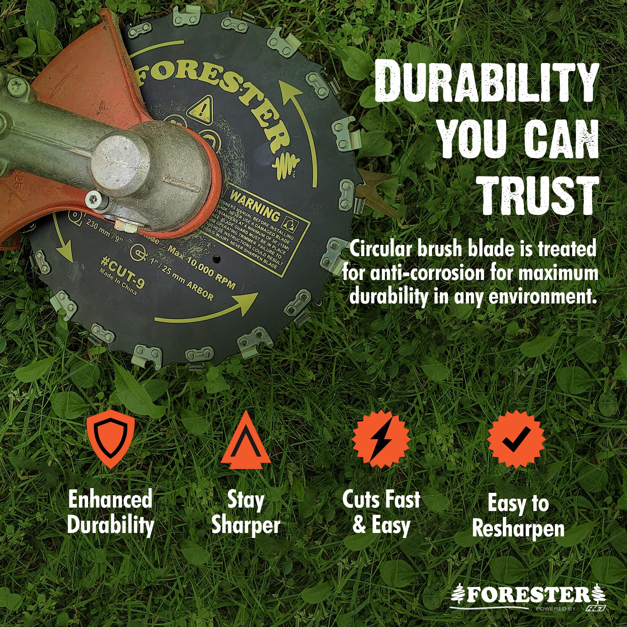 FORESTER Cut-9 blade mounted on Echo trimmer in use for powerful cutting