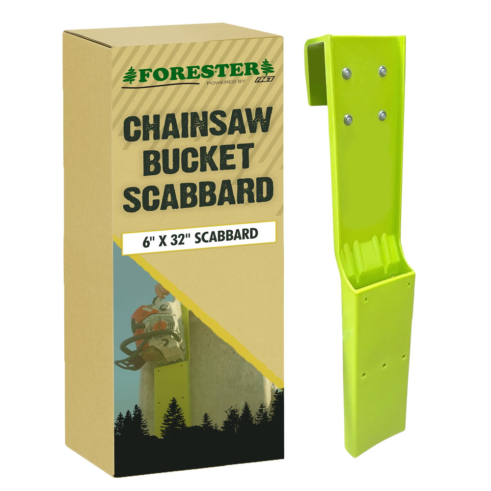FORESTER bucket scabbard front view showing bright green holder and mounting edge for visibility