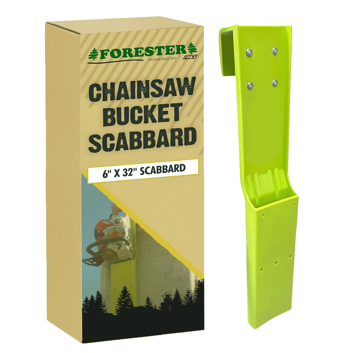 FORESTER bucket scabbard front view showing bright green holder and mounting edge for visibility