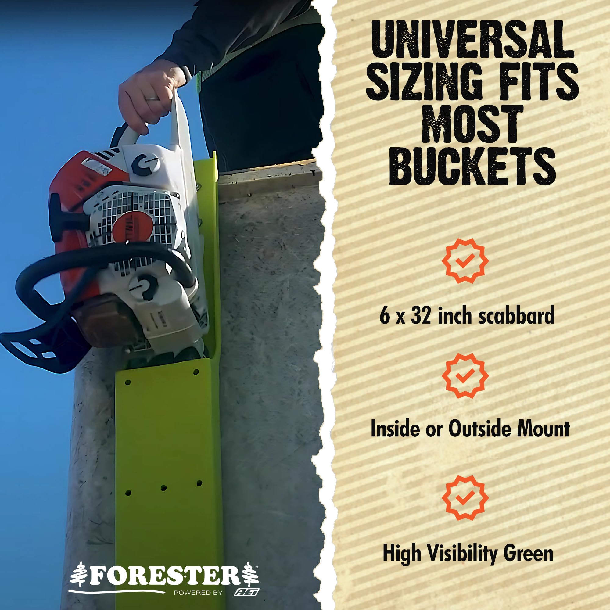 FORESTER scabbard mounted in a bucket demonstrating secure edge installation for easy access