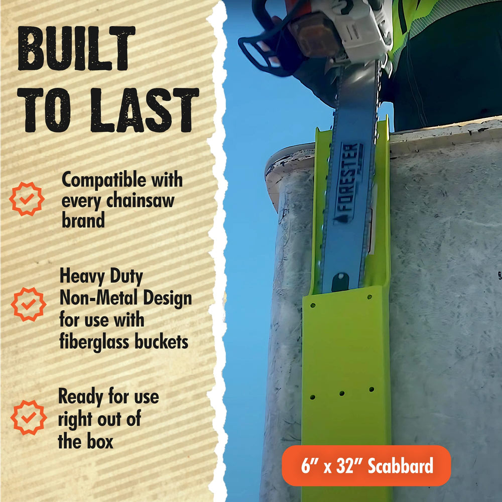 FORESTER scabbard with chainsaw inserted illustrating safe storage and quick tool retrieval