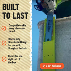 FORESTER scabbard with chainsaw inserted illustrating safe storage and quick tool retrieval