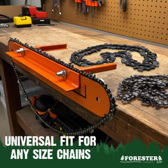 FORESTER chain clamped close-up showing locked chain for safer, accurate sharpening