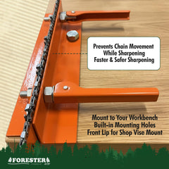 FORESTER vise mounted on workbench demonstrating secure support for consistent filing