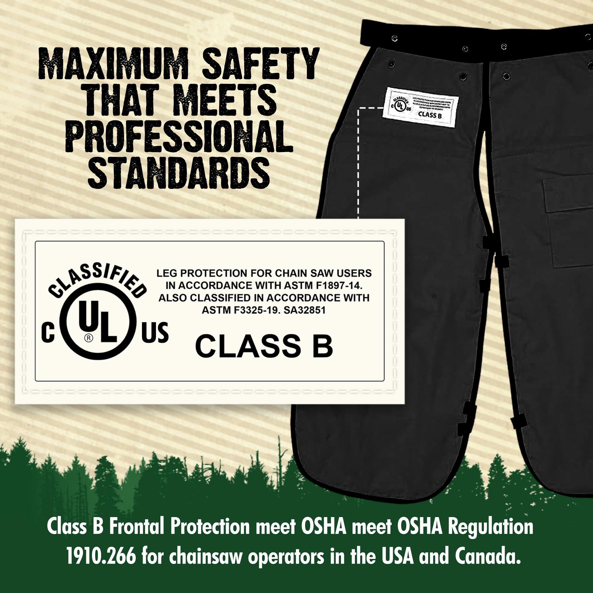 FORESTER model wearing apron-style chaps highlighting quick on and off convenience