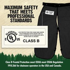 FORESTER model wearing apron-style chaps highlighting quick on and off convenience