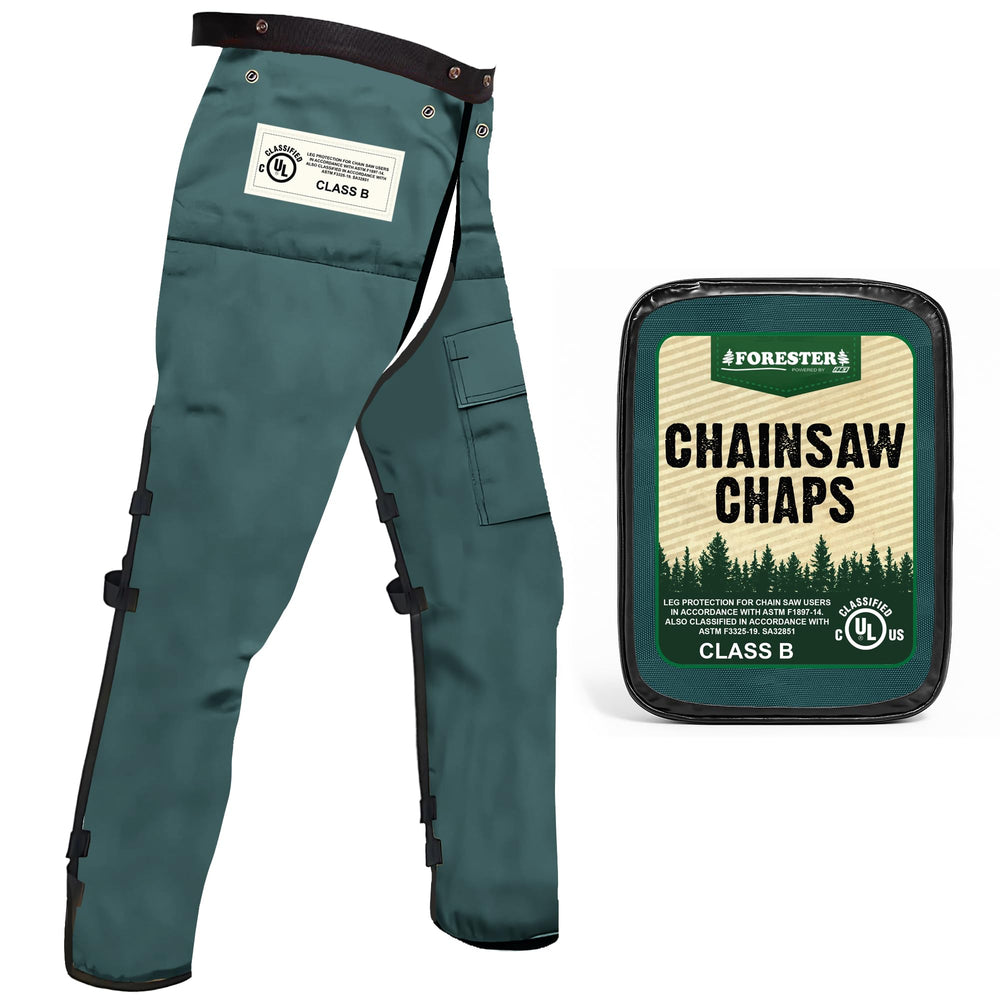 FORESTER front view of green apron-style chaps showing coverage and quick on/off benefit