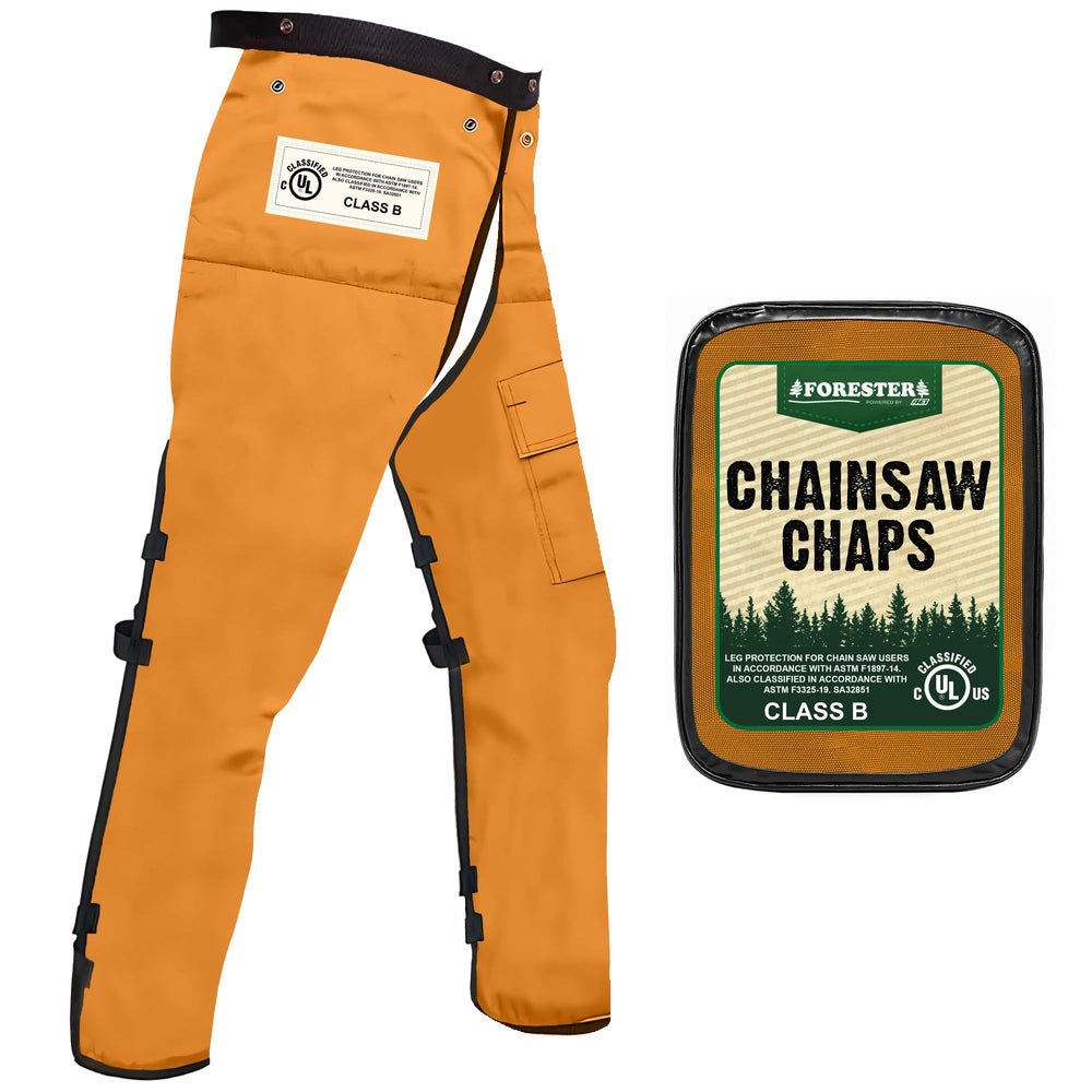FORESTER chainsaw chaps front view showing orange apron and secure coverage benefit