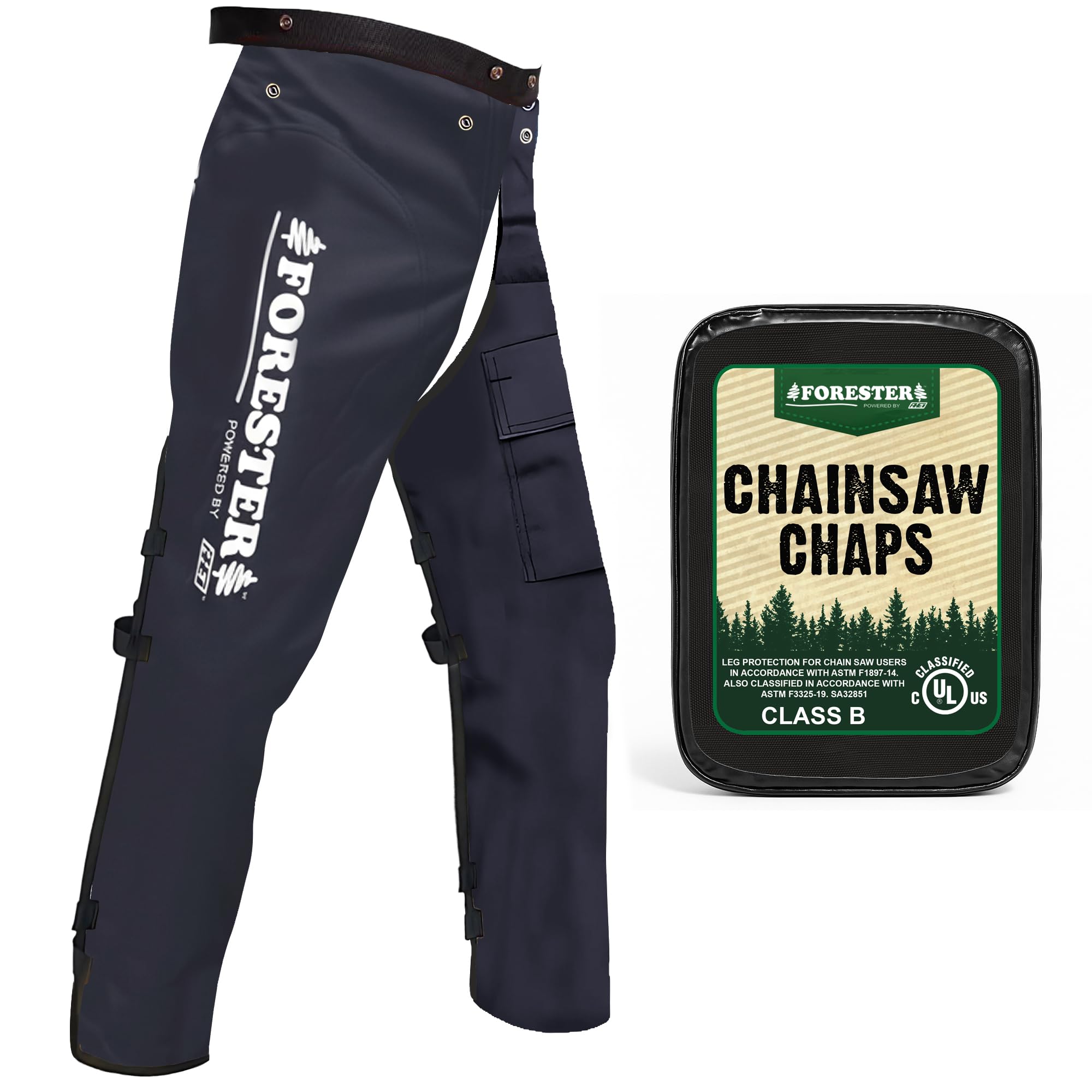 FORESTER chainsaw chaps front view showing full apron protection and quick on/off