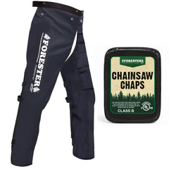 FORESTER chainsaw chaps front view showing full apron protection and quick on/off
