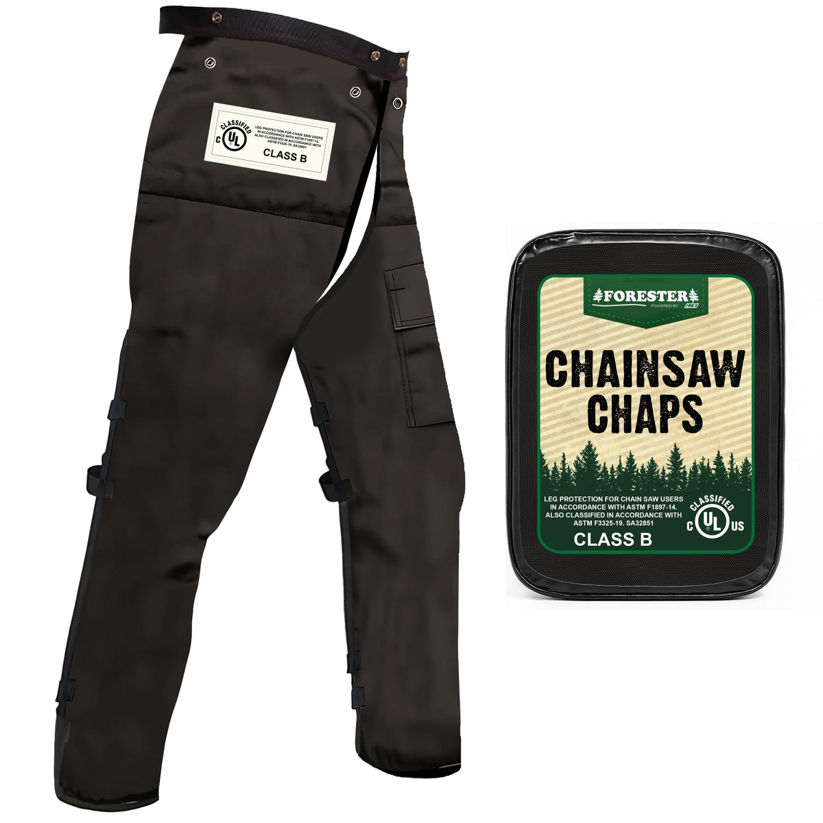 FORESTER front view of chaps showing apron design and coverage for confident protection