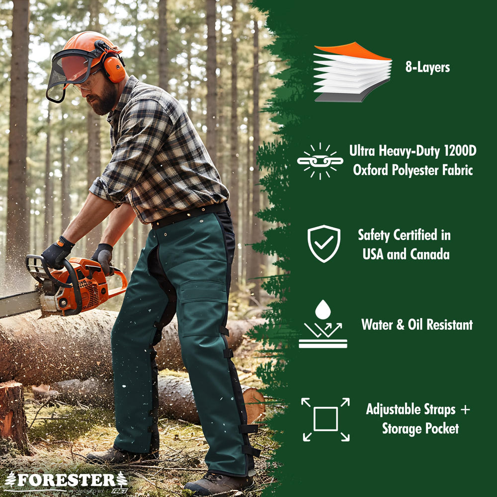 FORESTER chaps worn in forest showing real-world protection while cutting