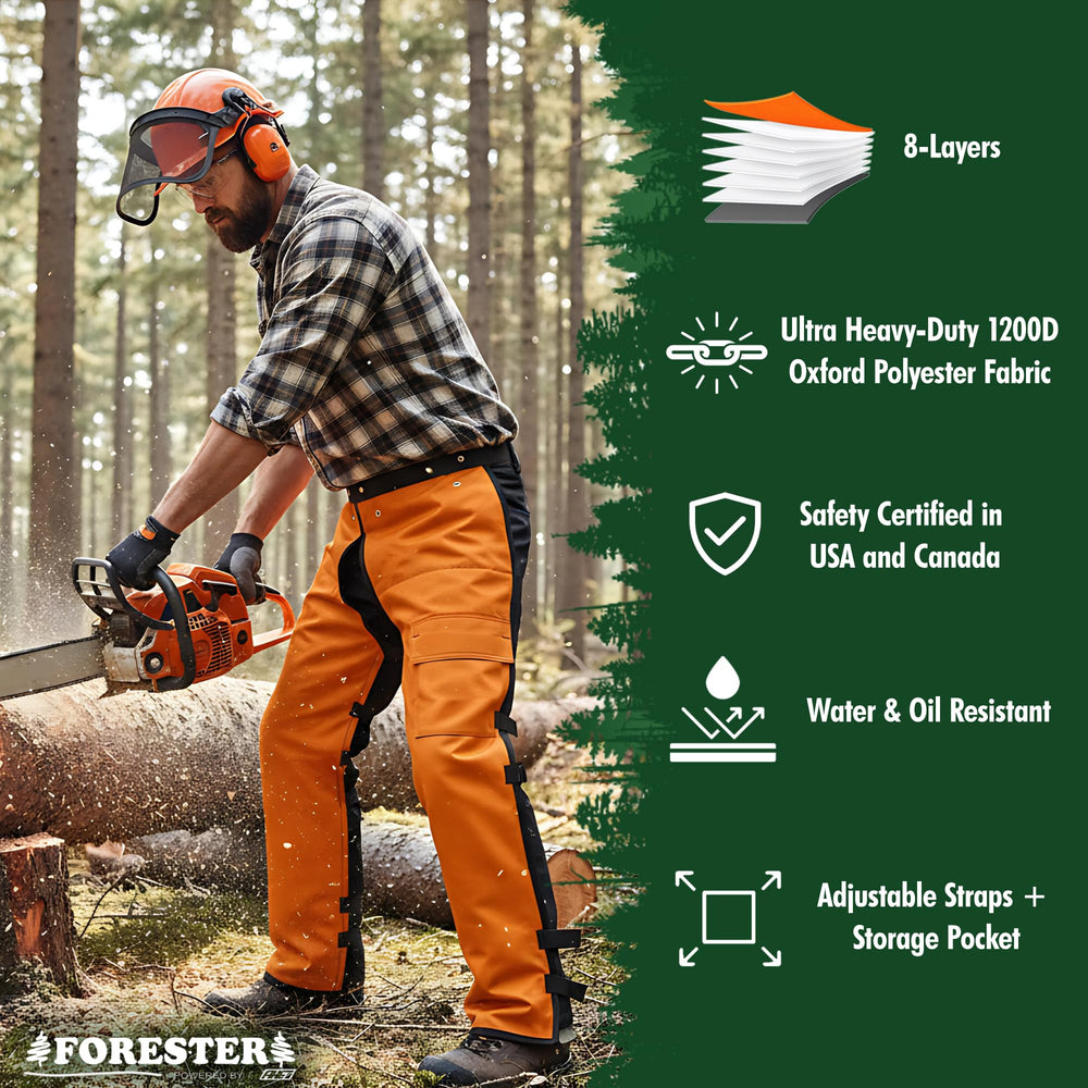 FORESTER chaps worn during tree cutting showing real-world protection benefit