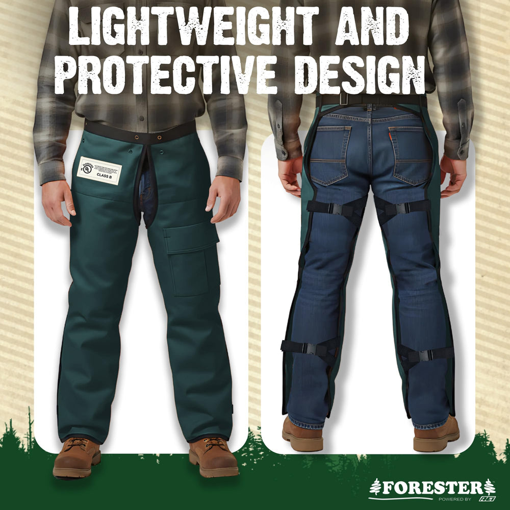FORESTER chaps length comparison on model showing correct fit and coverage