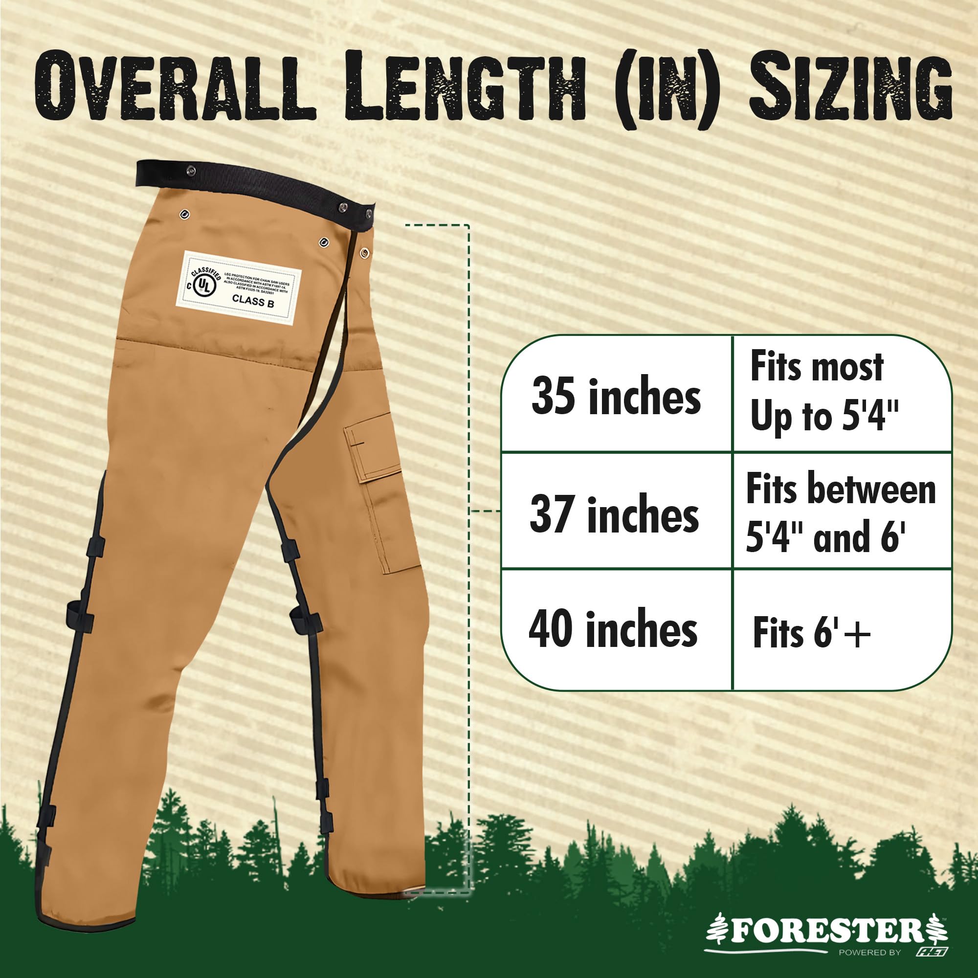 FORESTER deep utility pocket detail for tools and gloves on the chaps