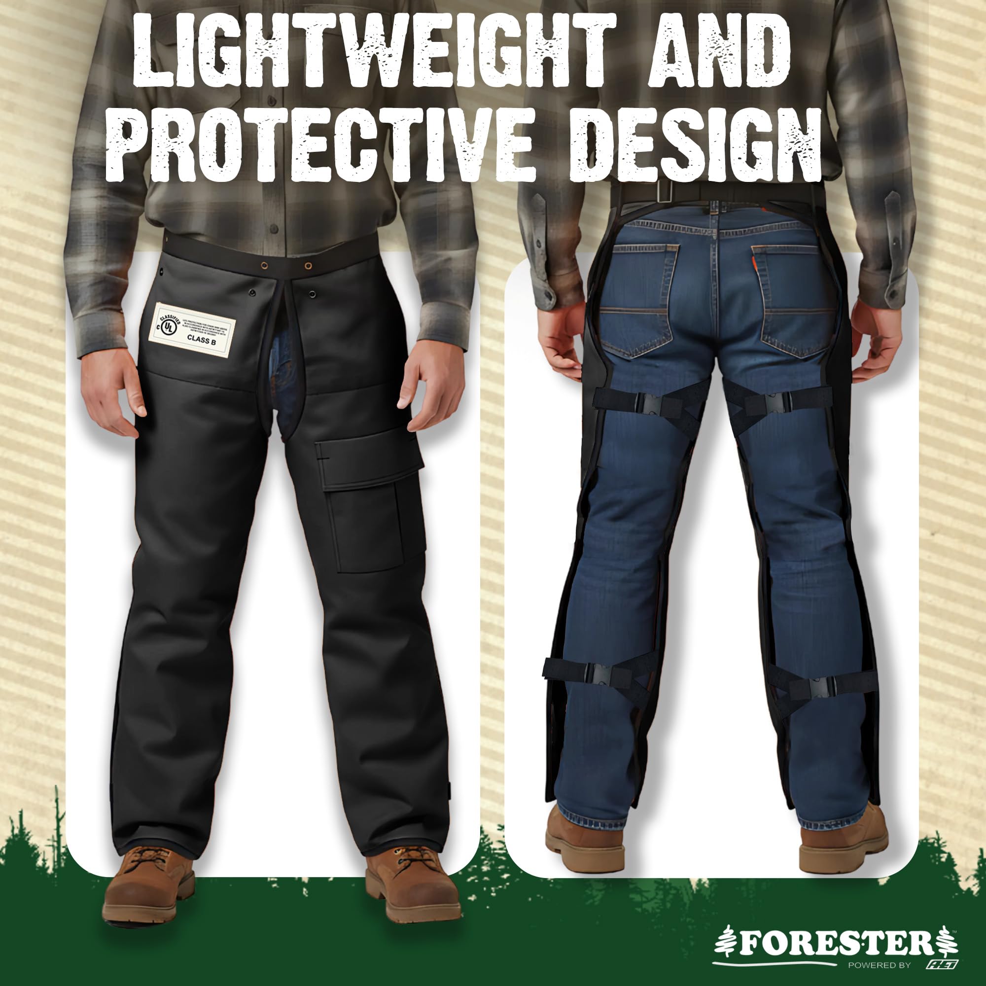 FORESTER chaps size comparison on model to show length and coverage options