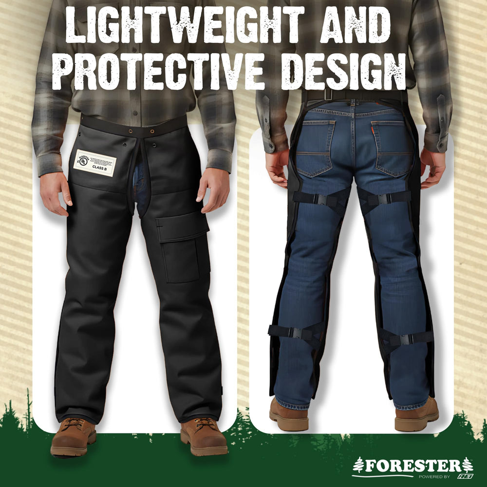 FORESTER chaps size comparison on model to show length and coverage options