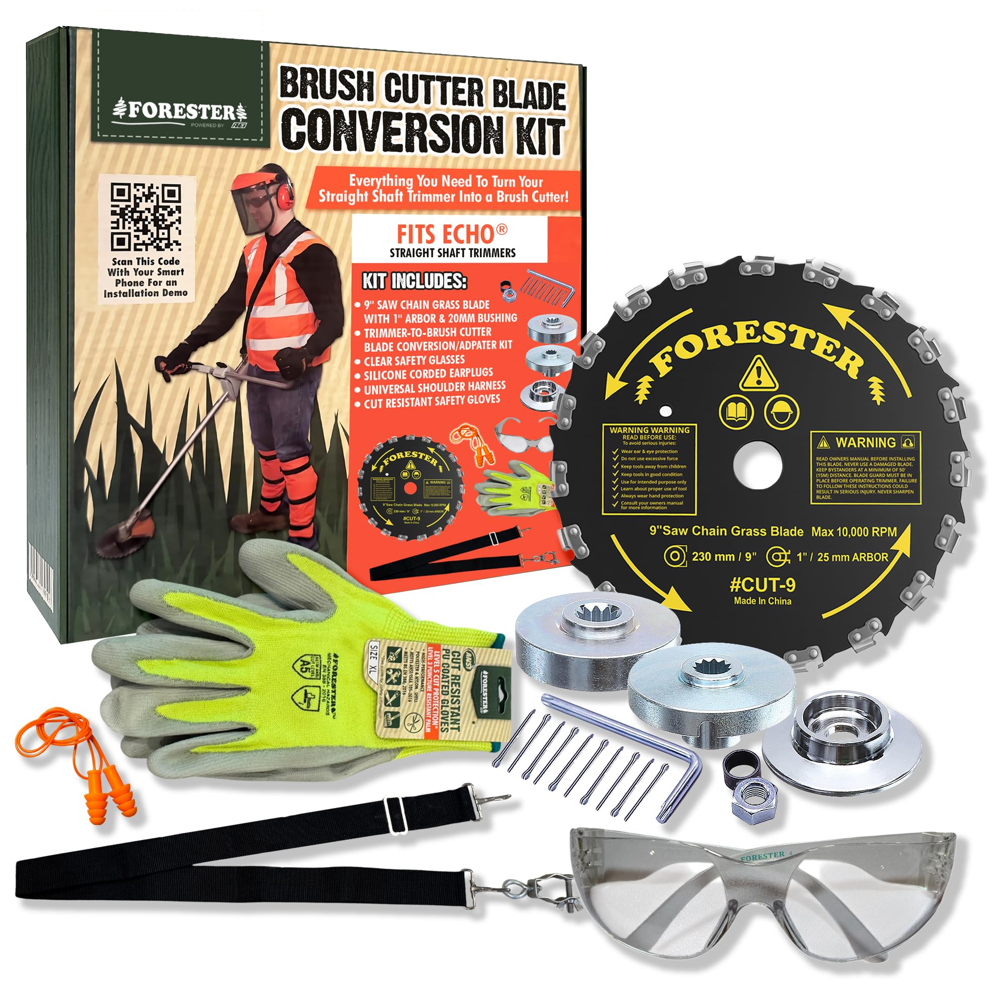 FORESTER front packaging showing Cut-9 kit and included safety gear benefits