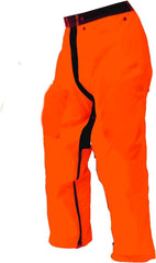 FORESTER front view of orange chaps showing full-wrap protection and visibility