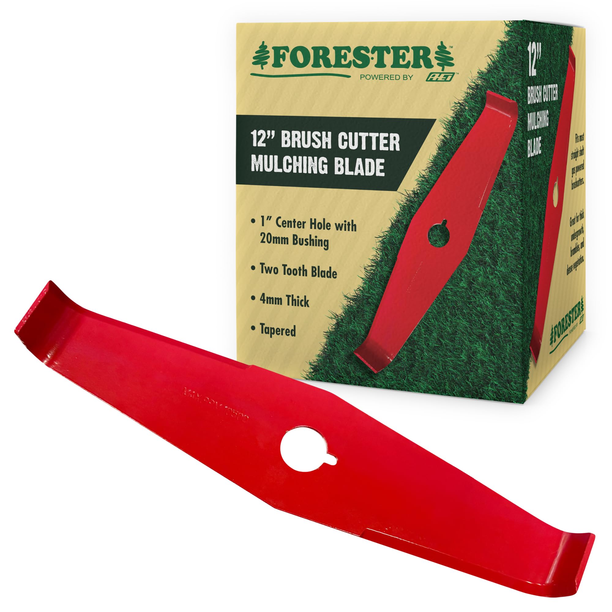 FORESTER front-facing 12-inch blade showing cutting profile and universal fit benefit