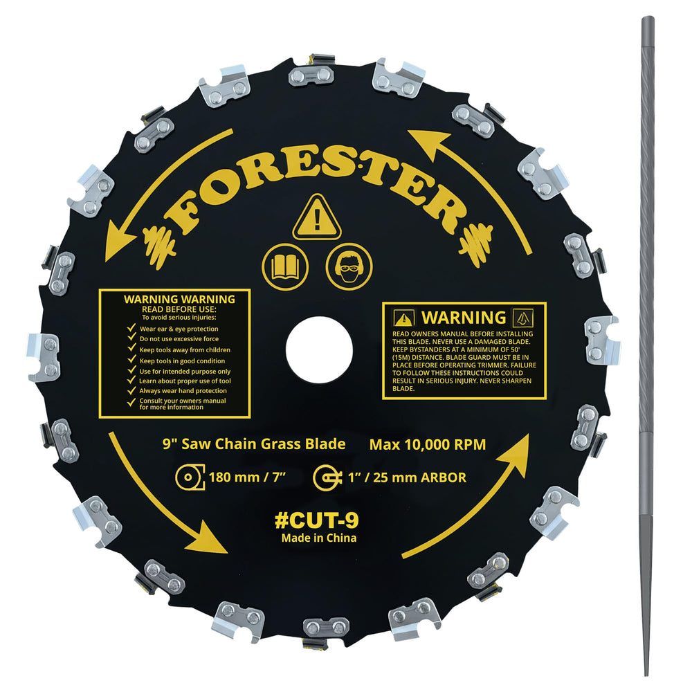 FORESTER front view of 9in blade showing teeth and packaging benefits durability