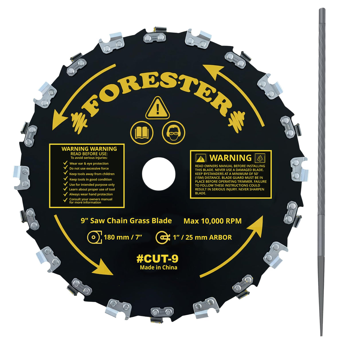 FORESTER front view of 9in blade showing teeth and packaging benefits durability