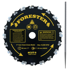 FORESTER front view of 9in blade showing teeth and packaging benefits durability