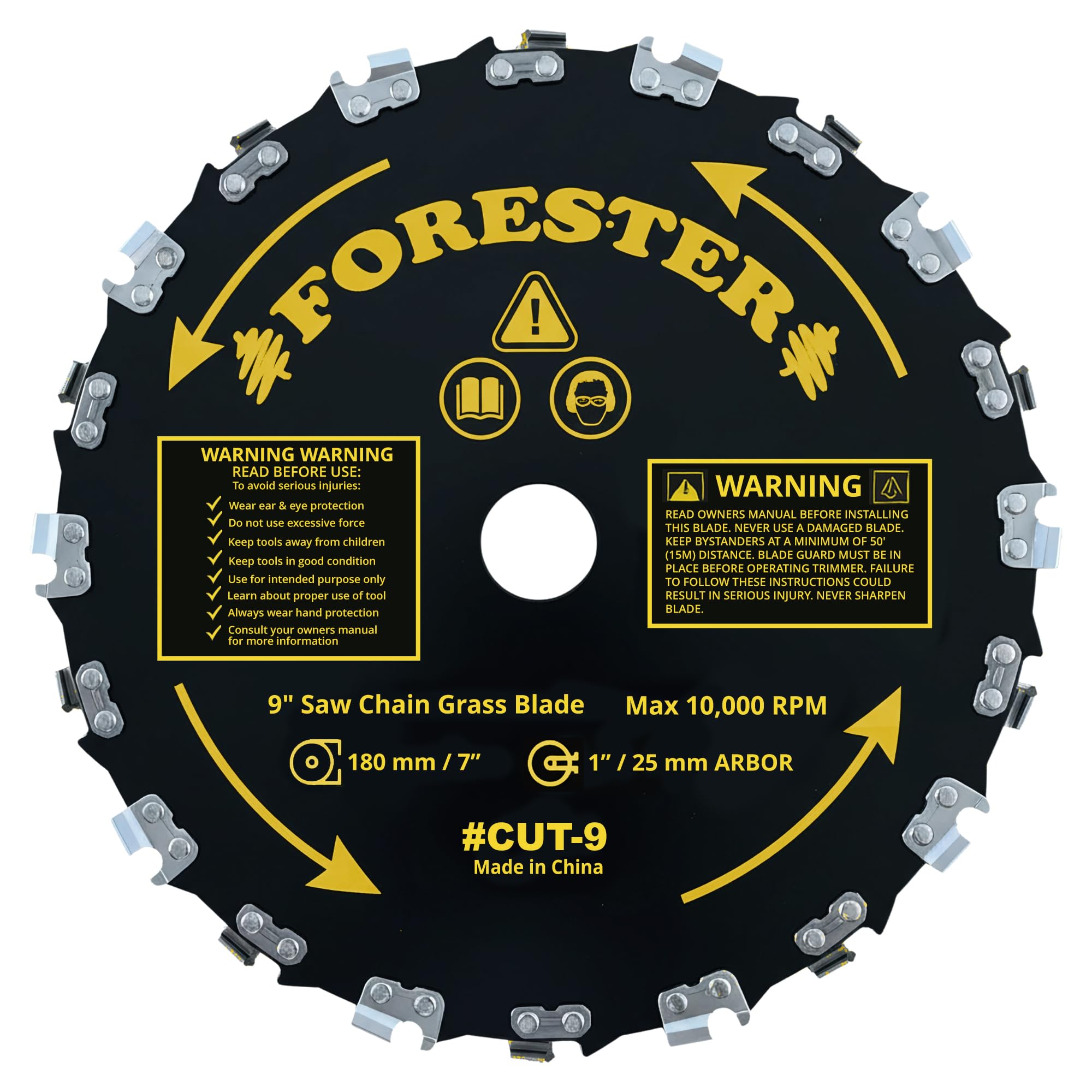 FORESTER label close-up showing arbor size and tooth count for compatibility