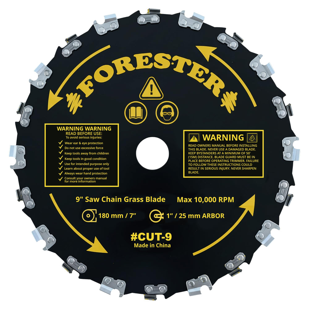 FORESTER label close-up showing arbor size and tooth count for compatibility
