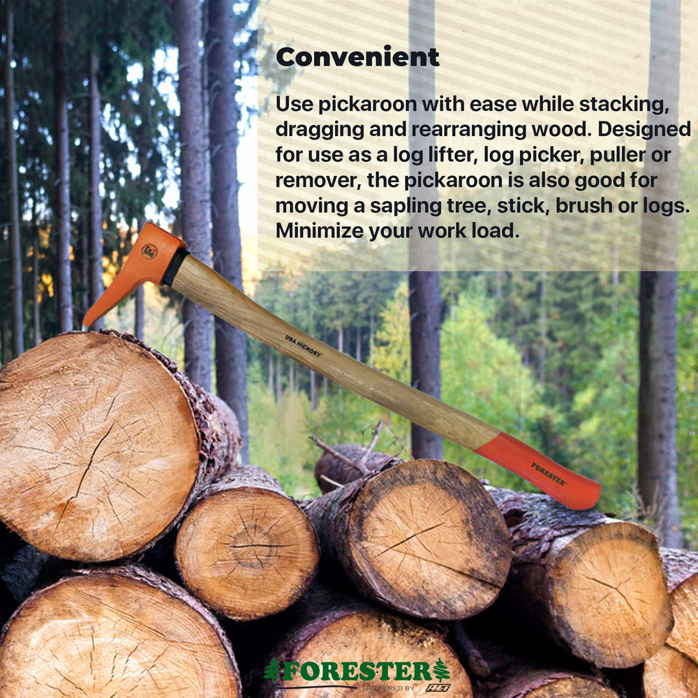 FORESTER hickory handle close-up highlighting grain and shock-absorbing comfort benefit