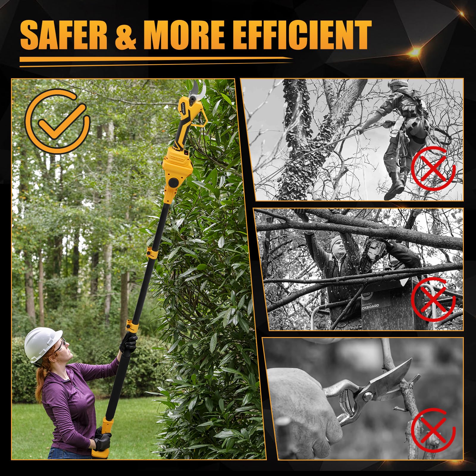 FormiPow in use pruning high branch with DeWalt 20V battery mounted, showing safe ladder-free trimming
