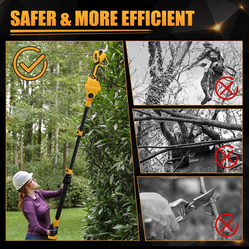 FormiPow in use pruning high branch with DeWalt 20V battery mounted, showing safe ladder-free trimming