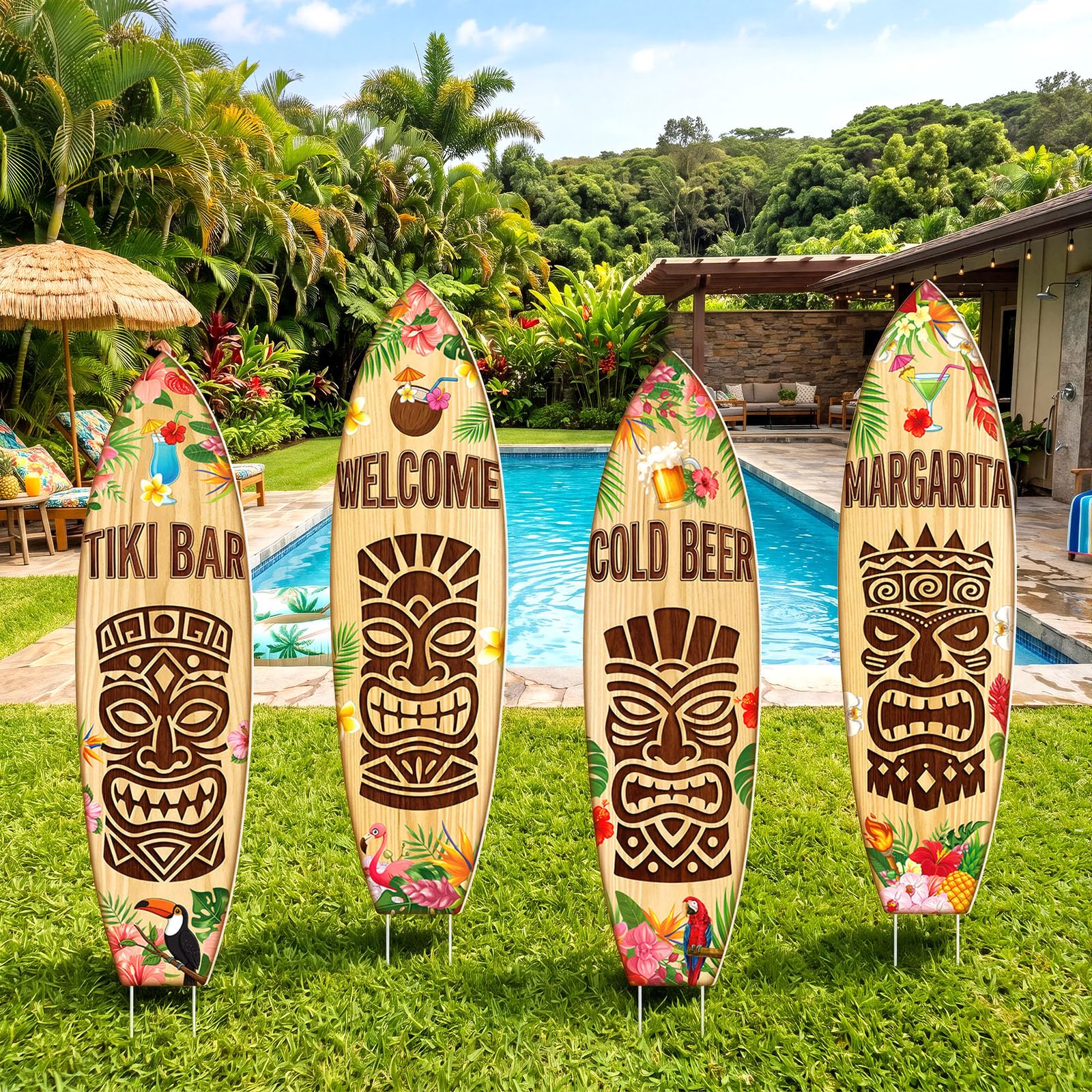 ForraFun four signs grouped together demonstrating coordinated luau decoration impact