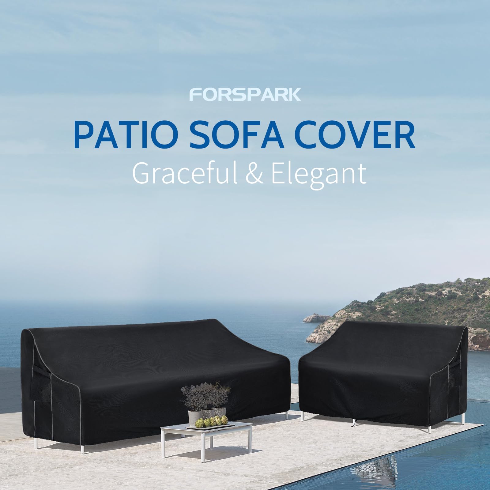 FORSPARK size comparison on sofa showing correct fit for 79x38x35 inch models