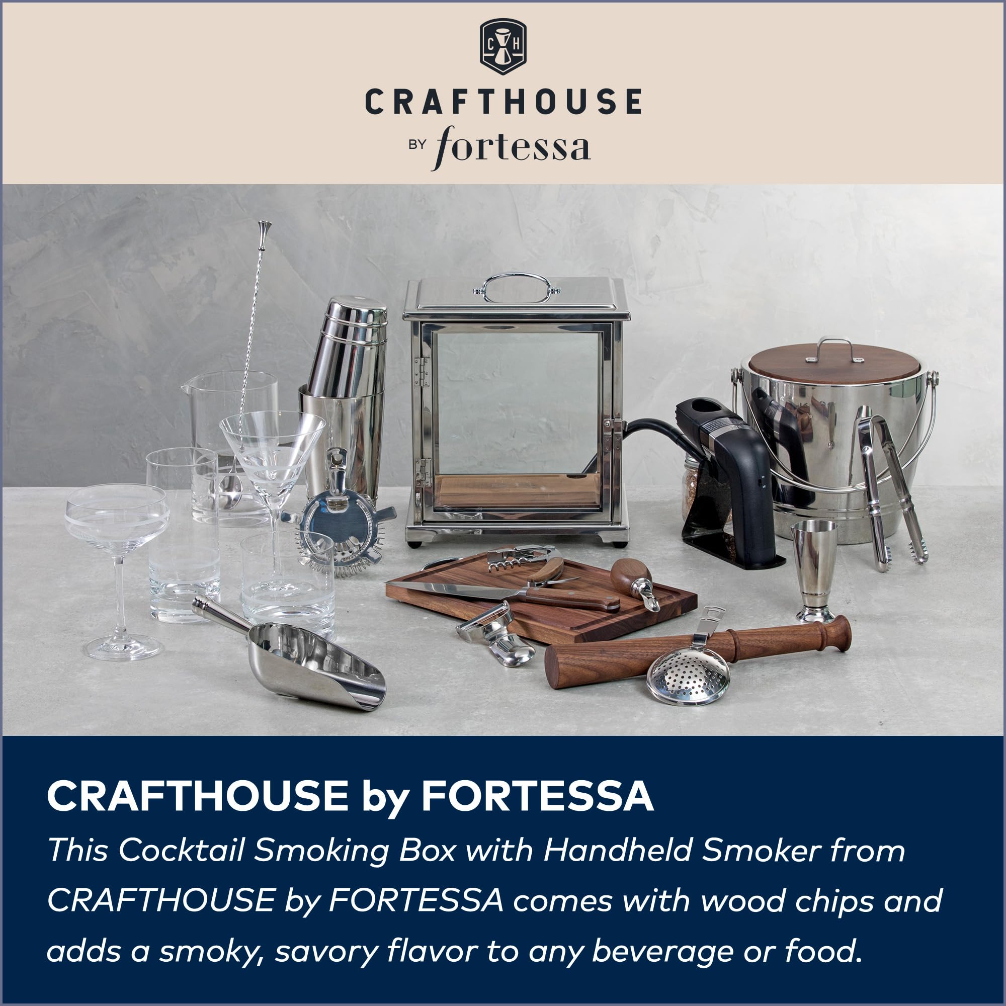 Fortessa glass chamber with visible smoke adding dramatic presentation benefit