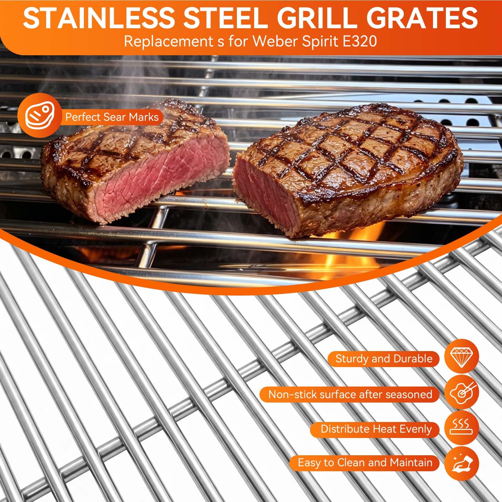FORYEYC grates with steak showing even sear marks and reduced food slippage